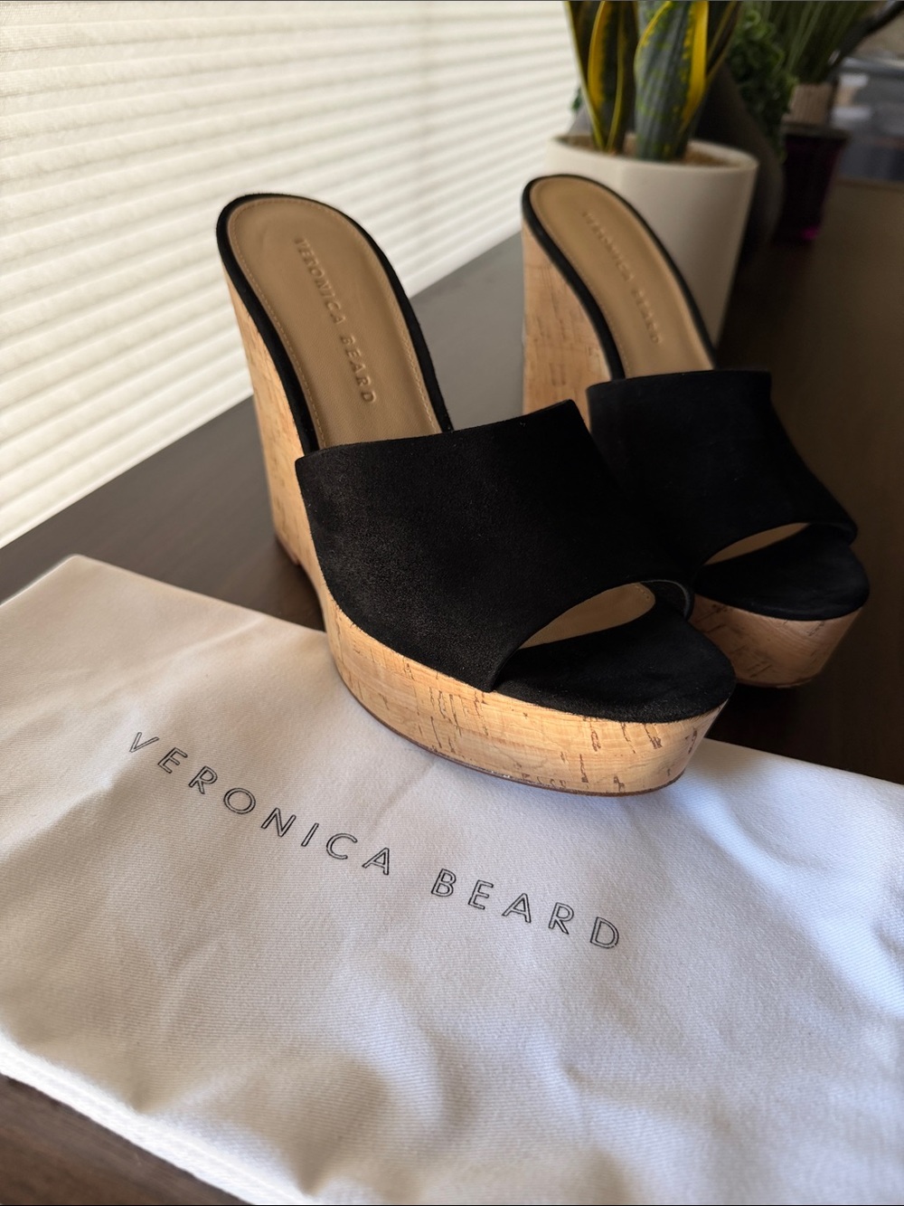 Veronica Beard Black Suede Cork Wedge Mules